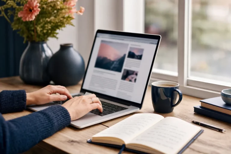 Mains sur le clavier d’un ordinateur portable affichant un article de blog, à côté d’un carnet de notes et d’une tasse