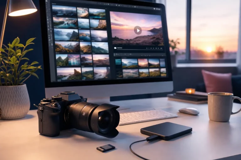 Appareil photo posé devant un écran affichant une galerie de photos de paysages et une vidéo