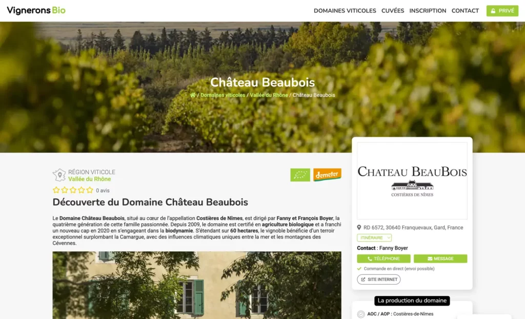 Fiche d'un domaine sur vigneronsbio.com