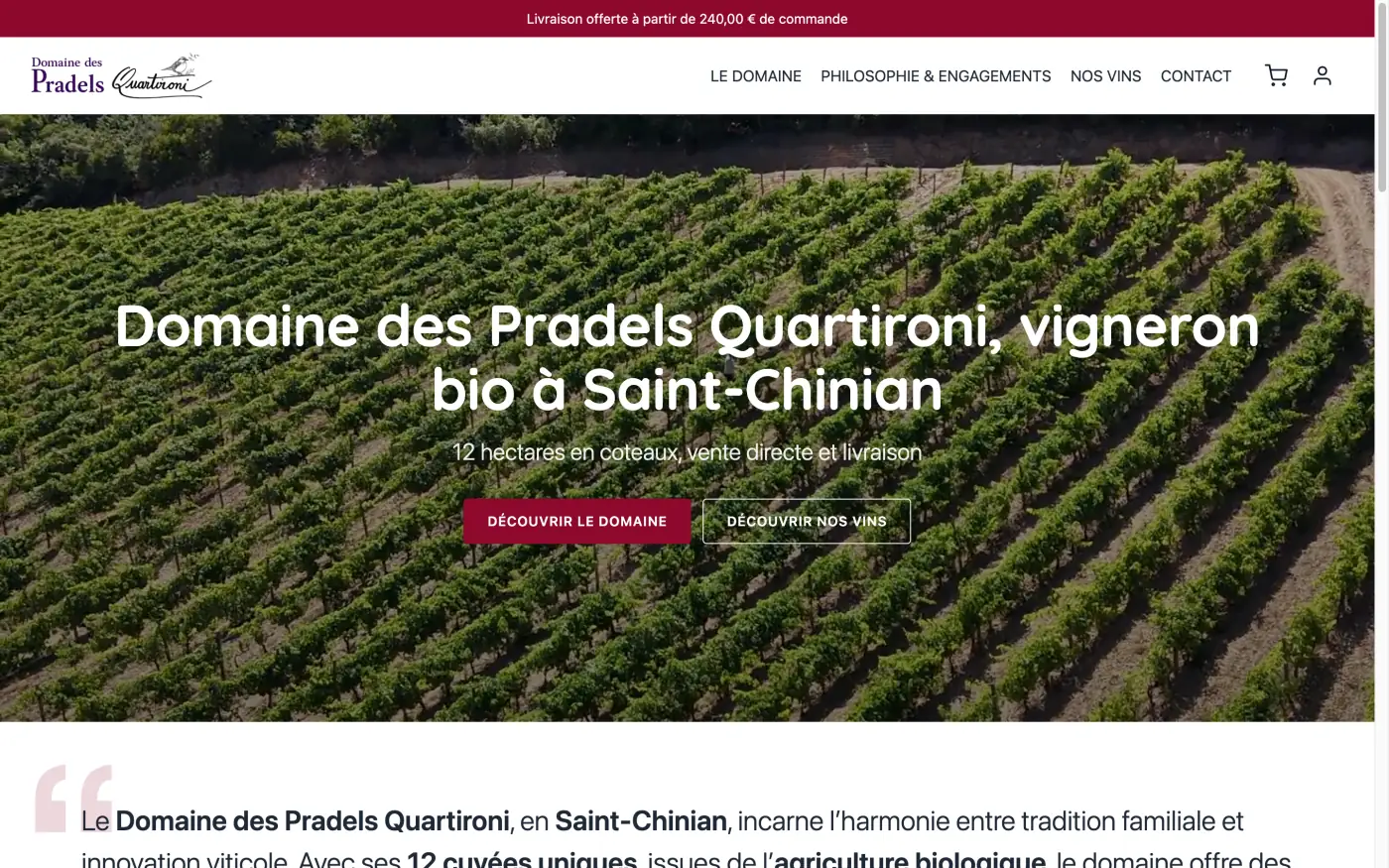 Page d’accueil du site du Domaine des Pradels Quartironi : vue des vignes, titre et boutons vers le domaine et les vins