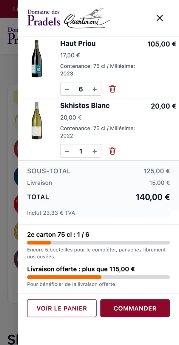 Panier sur téléphone avec deux cuvées, la jauge du carton et la jauge de livraison offerte