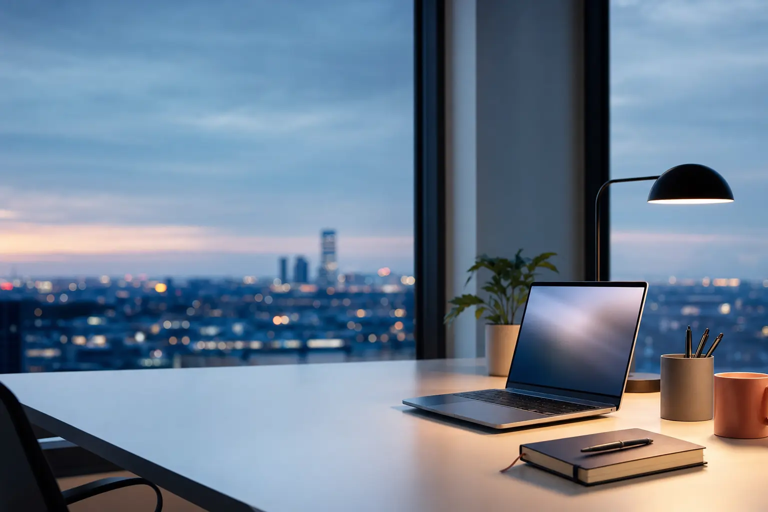 Bureau clair avec un ordinateur portable et un carnet, devant une baie vitrée sur la ville au crépuscule