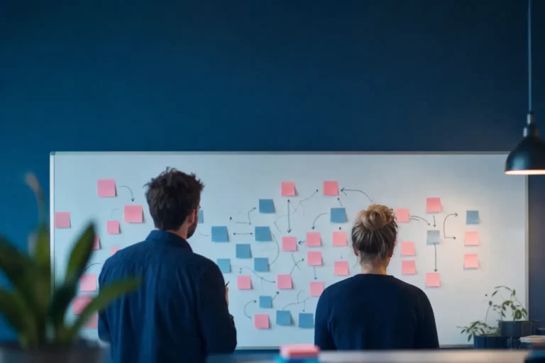 Deux personnes devant un tableau blanc couvert de post-it qui cartographient un processus