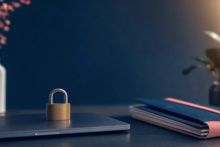 Cadenas posé sur un ordinateur portable fermé, à côté de documents rangés