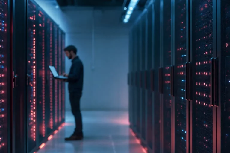 Technicien qui vérifie un écran portable dans une salle serveur