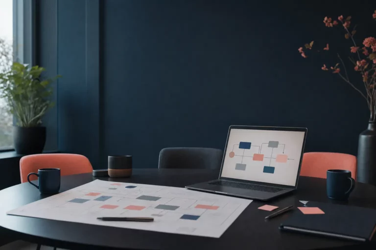 Table de réunion avec un schéma de flux par étapes à l'écran et un plan annoté