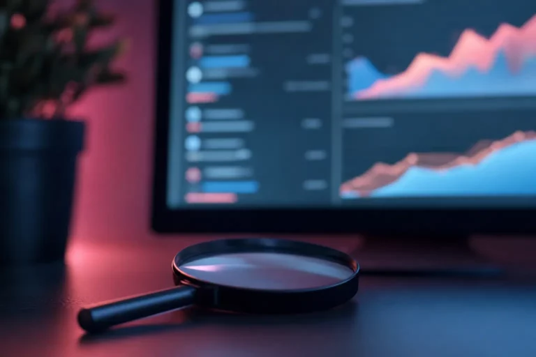 Loupe devant un écran de résultats de recherche et de courbes de progression