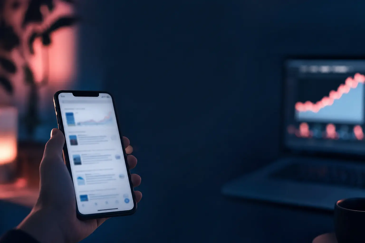 Smartphone affichant des résultats de recherche, courbe de trafic en arrière-plan
