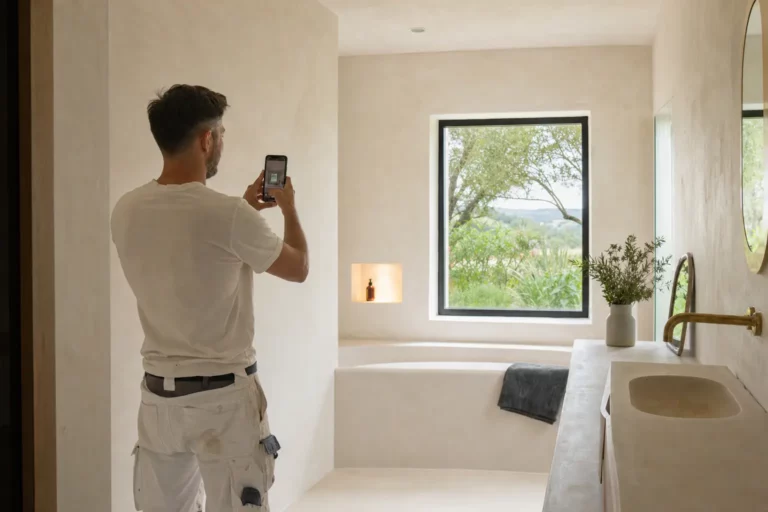Artisan qui photographie avec son smartphone une salle de bain terminée