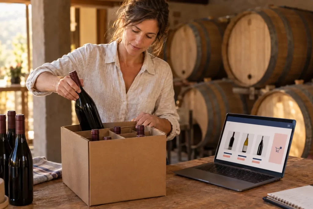 Vigneronne qui prépare un carton de six bouteilles dans son chai, à côté d’un ordinateur ouvert sur une boutique de vins en ligne