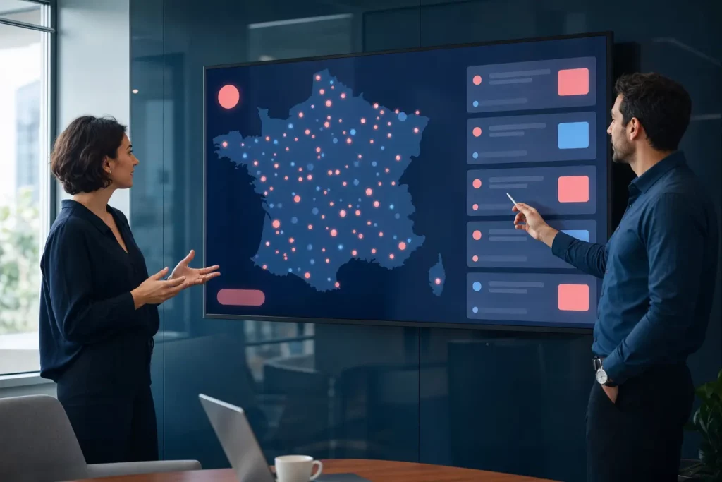 Carte interactive de la France affichée sur un grand écran en réunion