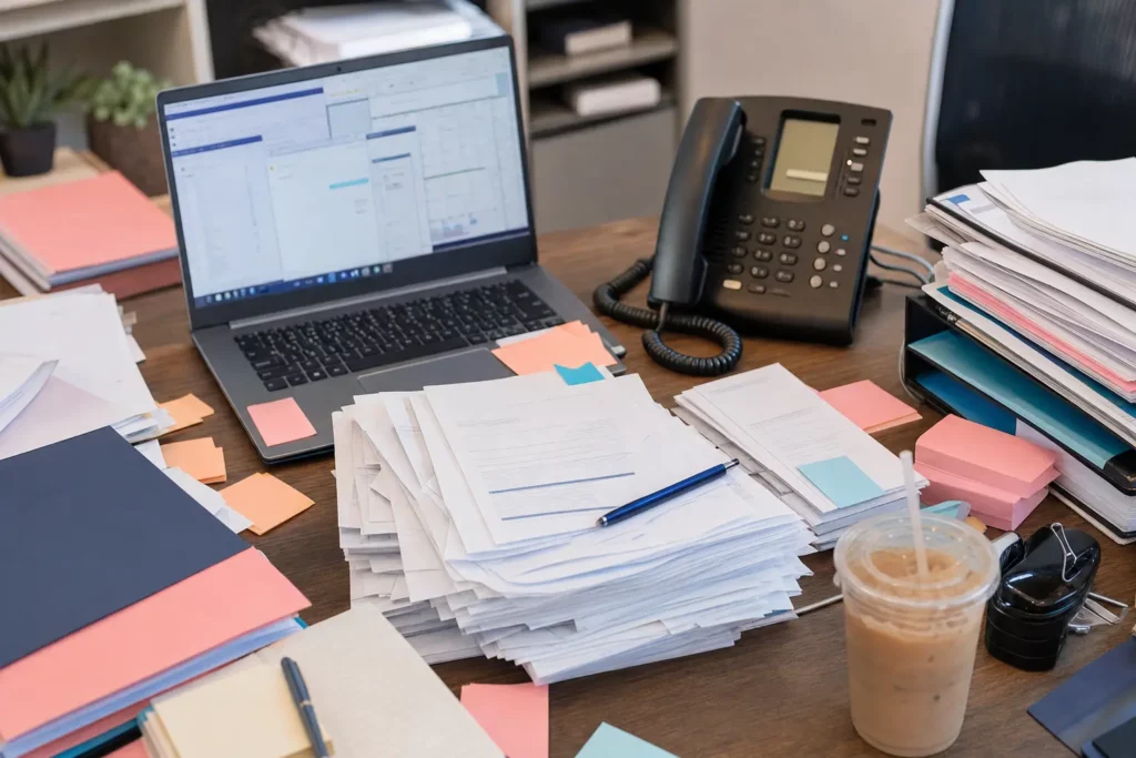 Bureau encombré de factures, de post-it et de documents à traiter à la main