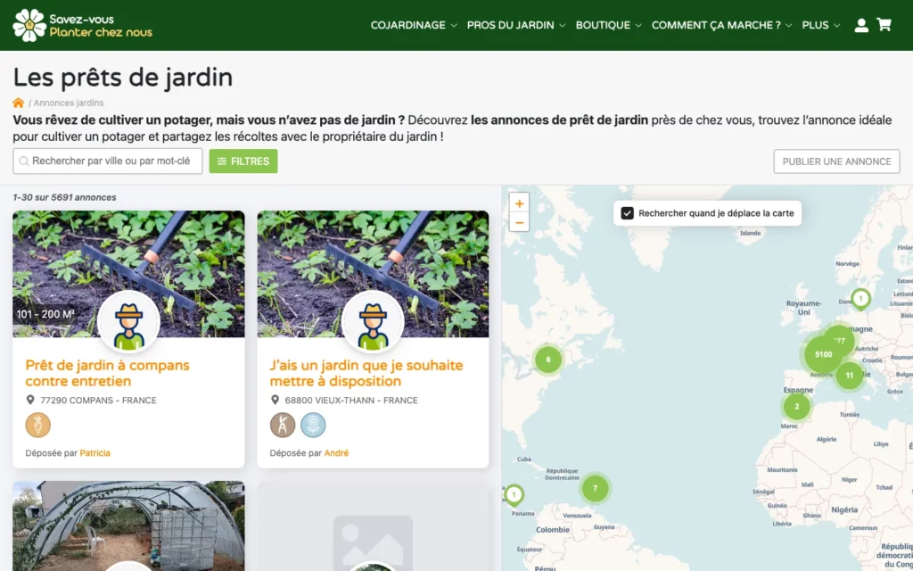 Annonces de prêts de jardin avec leur carte sur Savez-vous Planter Chez Nous