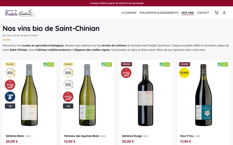 Boutique des vins bio de Saint-Chinian du domaine Pradels Quartironi