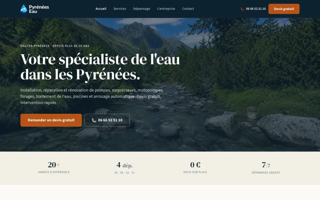Page d'accueil du site de Pyrénées Eau, spécialiste de l'eau dans les Hautes-Pyrénées