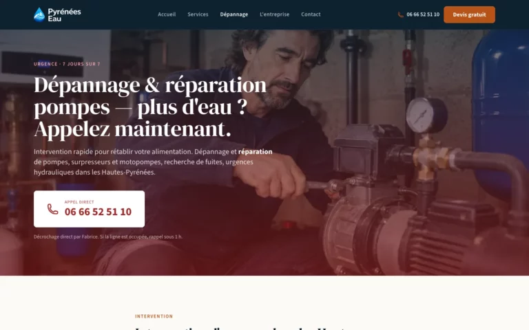 Page dépannage du site de Pyrénées Eau