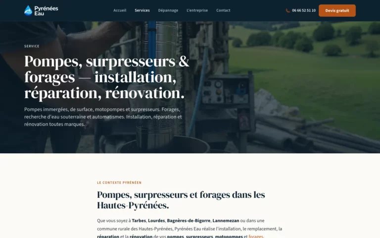 Page pompes et forages du site de Pyrénées Eau