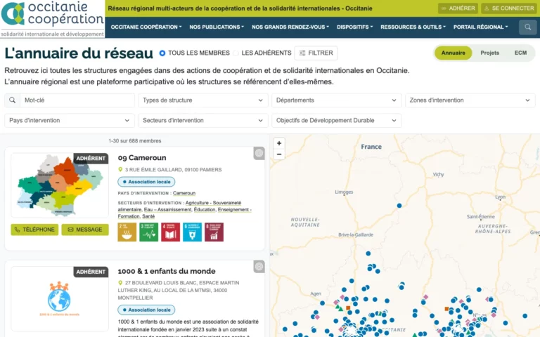 Annuaire des membres du réseau Occitanie Coopération avec sa carte interactive