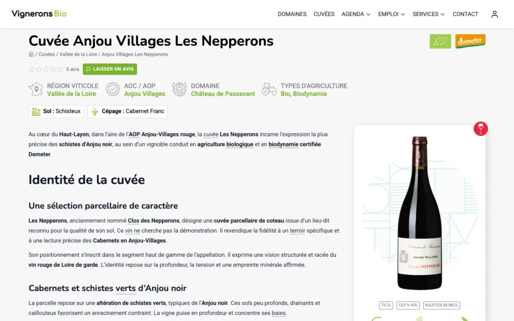 Fiche d’une cuvée avec fiche technique sur Vignerons Bio