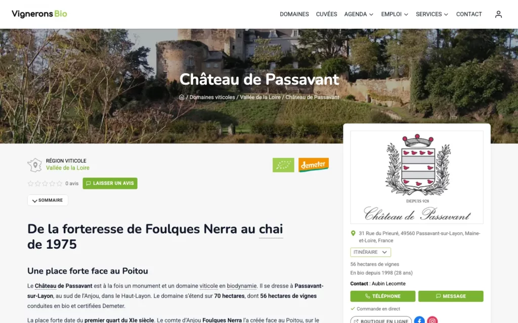 Fiche du Château de Passavant sur Vignerons Bio