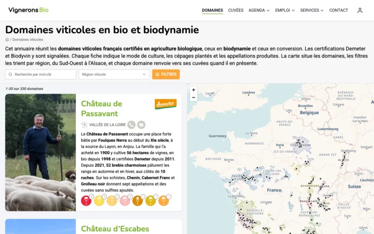 Annuaire des domaines viticoles bio avec carte interactive sur Vignerons Bio