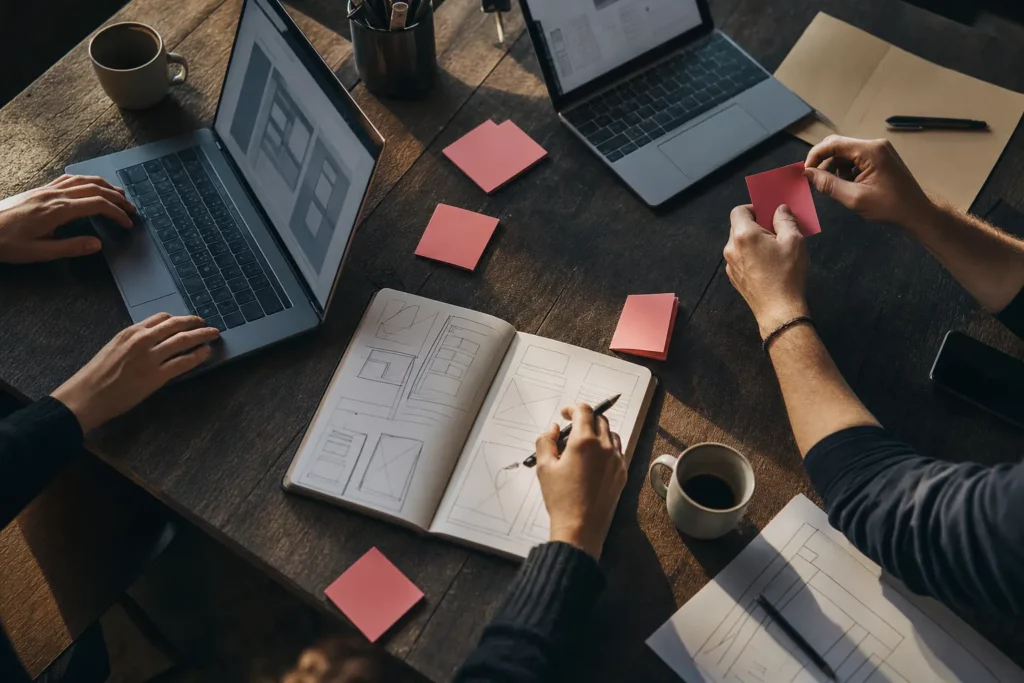 Mains de trois personnes travaillant autour d’une table en bois, ordinateurs portables, carnet de croquis et post-it rose corail