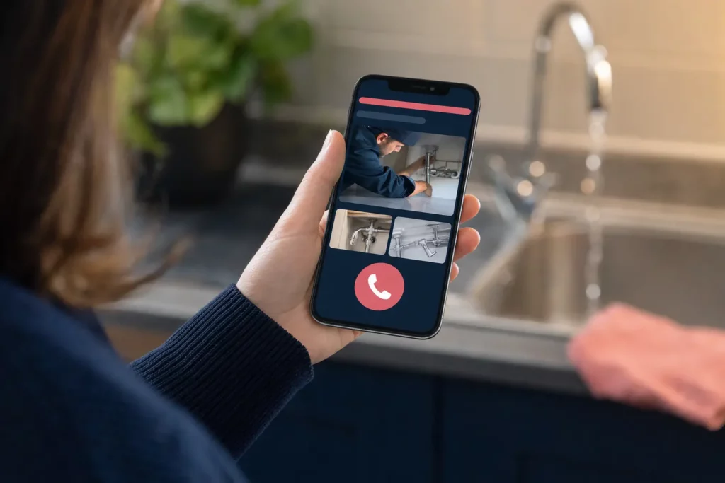 Cliente qui consulte sur son smartphone le site d’un plombier, avec ses photos de chantiers et un bouton d’appel