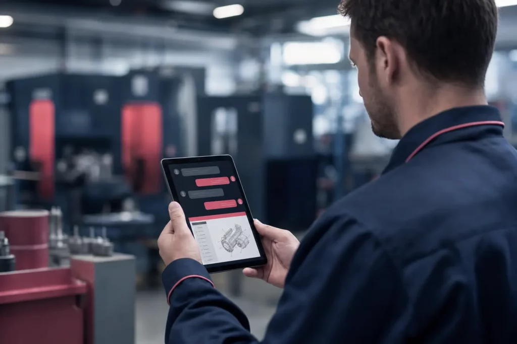 Technicien d’atelier qui consulte sur une tablette la réponse d’un assistant et un extrait de notice technique