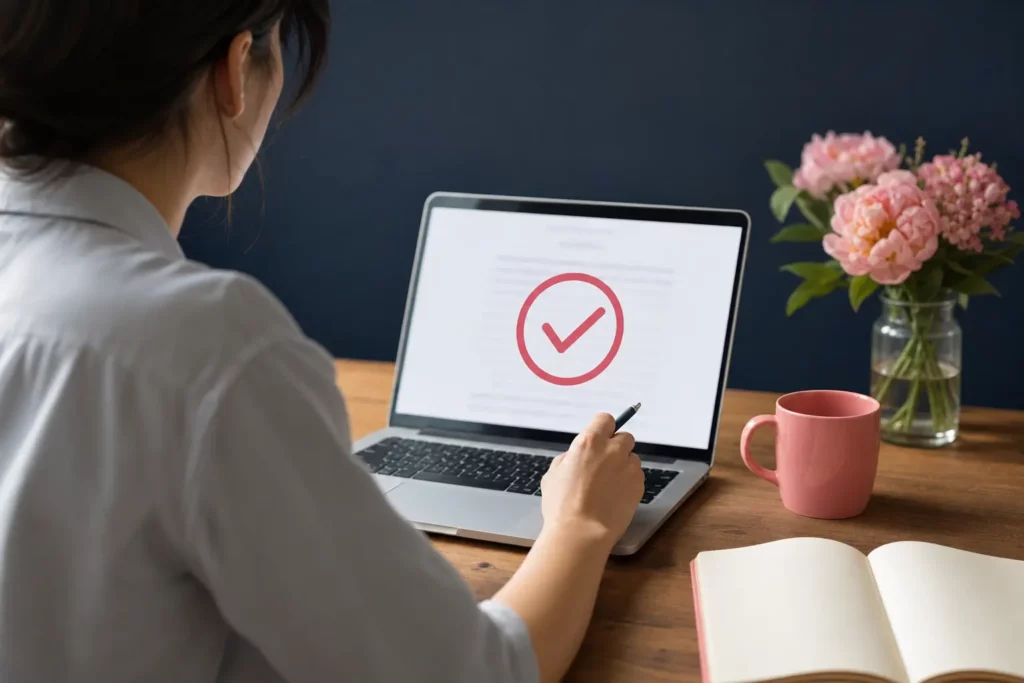 Mains d'une personne qui relit un document à l'écran avant de le valider, carnet et tasse sur le bureau