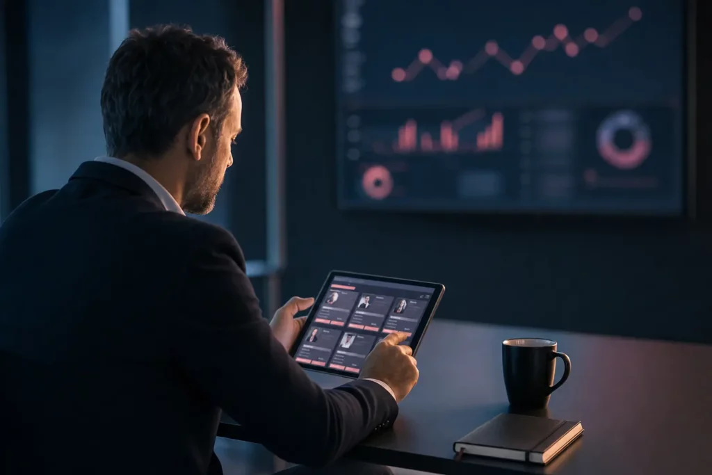 Commercial qui consulte des fiches entreprises sur une tablette devant un tableau de bord