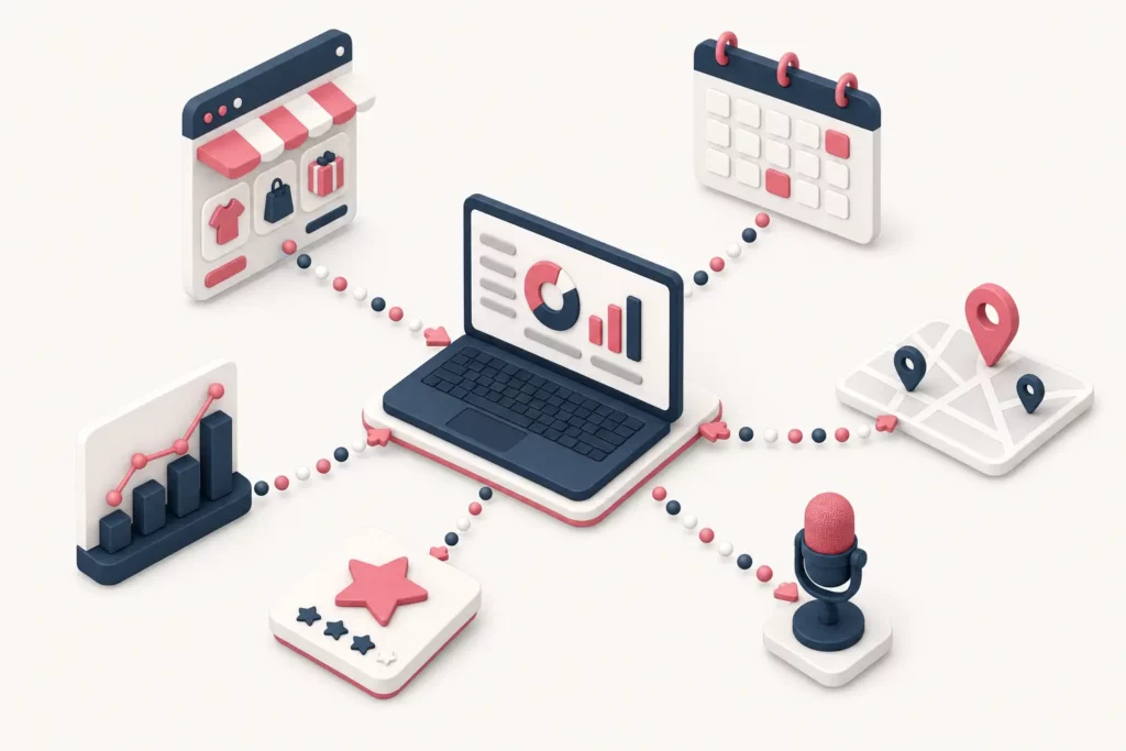 Illustration de logiciels reliés à un ordinateur : boutique en ligne, agenda, carte, micro, avis clients et graphique