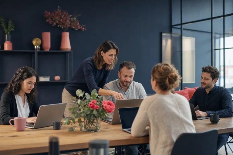 Formatrice penchée sur l'ordinateur d'un participant pendant un atelier IA réunissant cinq collègues autour d'une table