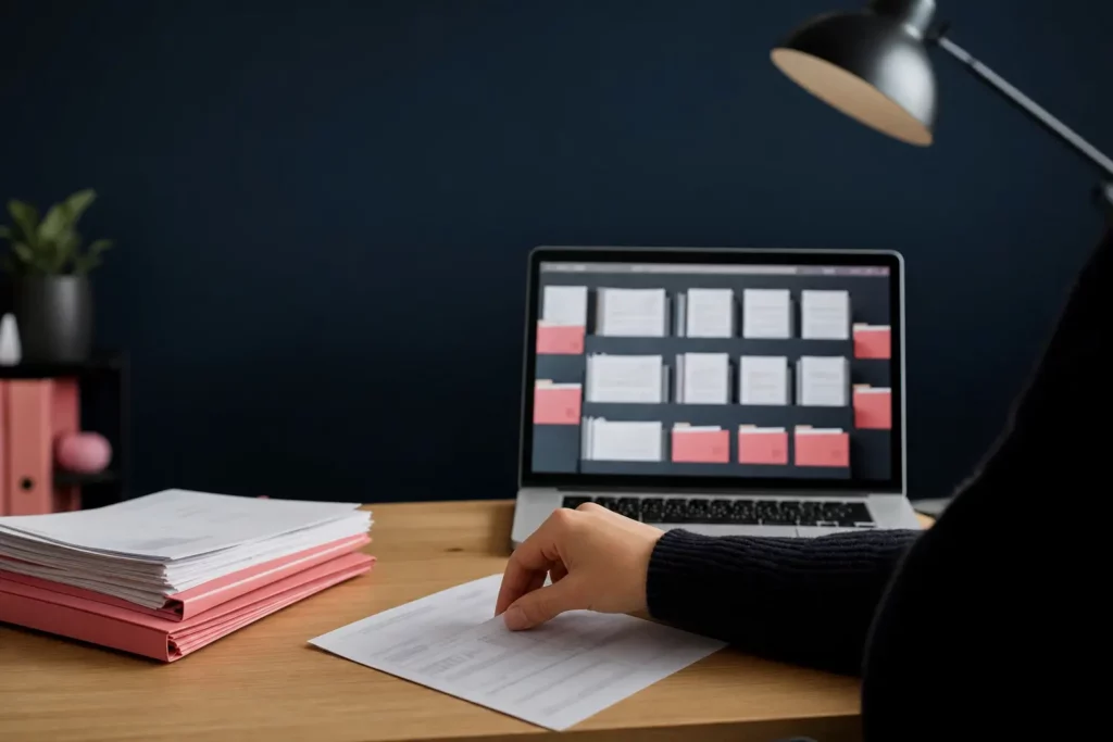 Main posant une facture papier près d’un ordinateur portable où les documents sont rangés en dossiers