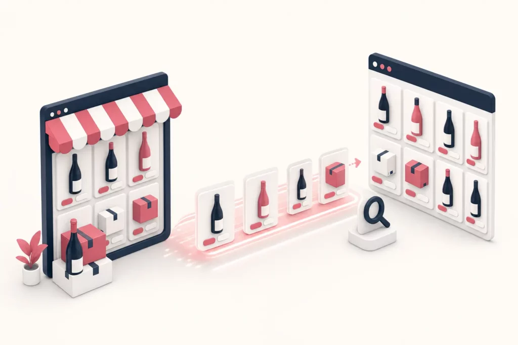 Illustration d’un catalogue de bouteilles de vin transmis d’une boutique en ligne vers une grille de résultats de recherche