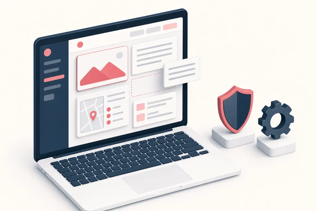 Illustration d’une administration de site où l’on assemble des blocs de contenu, avec la sécurité et les réglages gérés à part