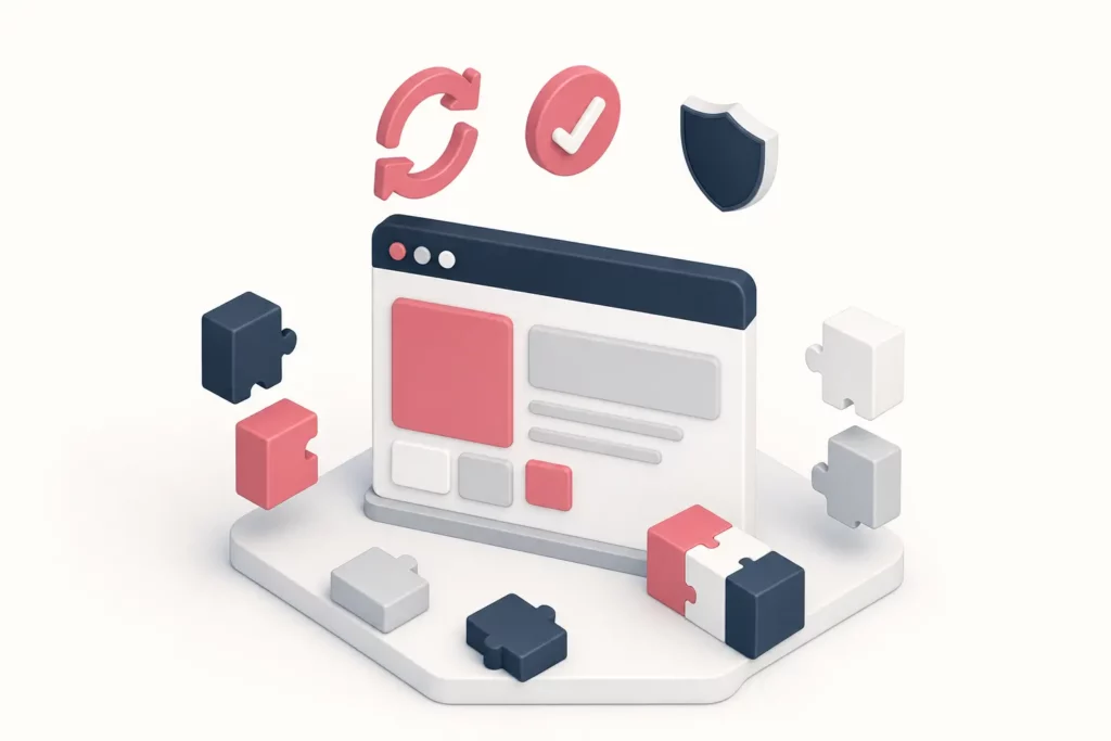 Illustration d’un site entouré de briques d’extensions, avec les symboles de mise à jour, de validation et de sécurité
