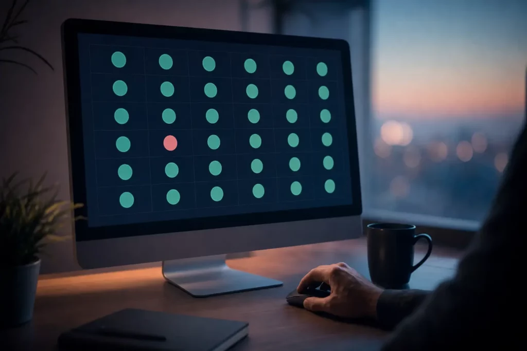 Écran de surveillance d’un parc de sites Internet, avec une grille de pastilles dont une seule est en alerte
