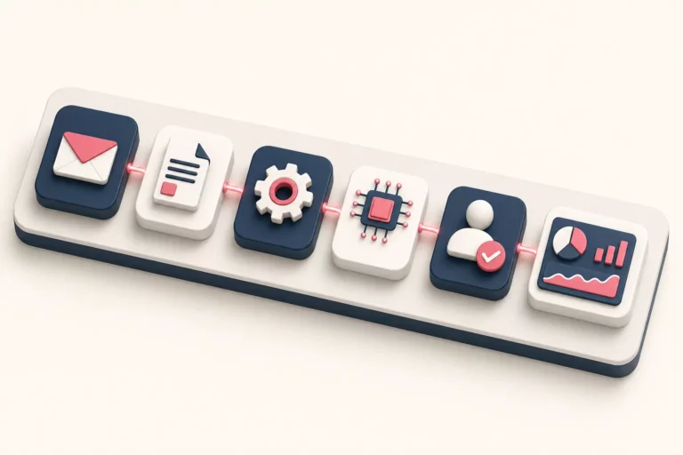 Illustration d'un scénario d'automatisation : e-mail, document, traitement, IA, validation humaine puis tableau de bord, reliés en chaîne