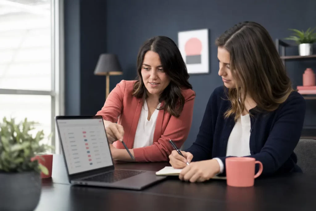 Deux collègues d’une PME devant un ordinateur portable qui affiche des demandes clients classées par couleur