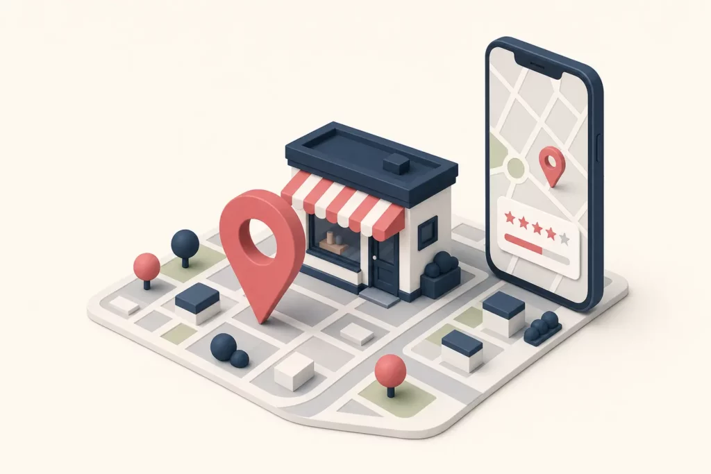 Illustration d’une boutique sur un plan de ville avec une épingle de localisation et un smartphone affichant des avis