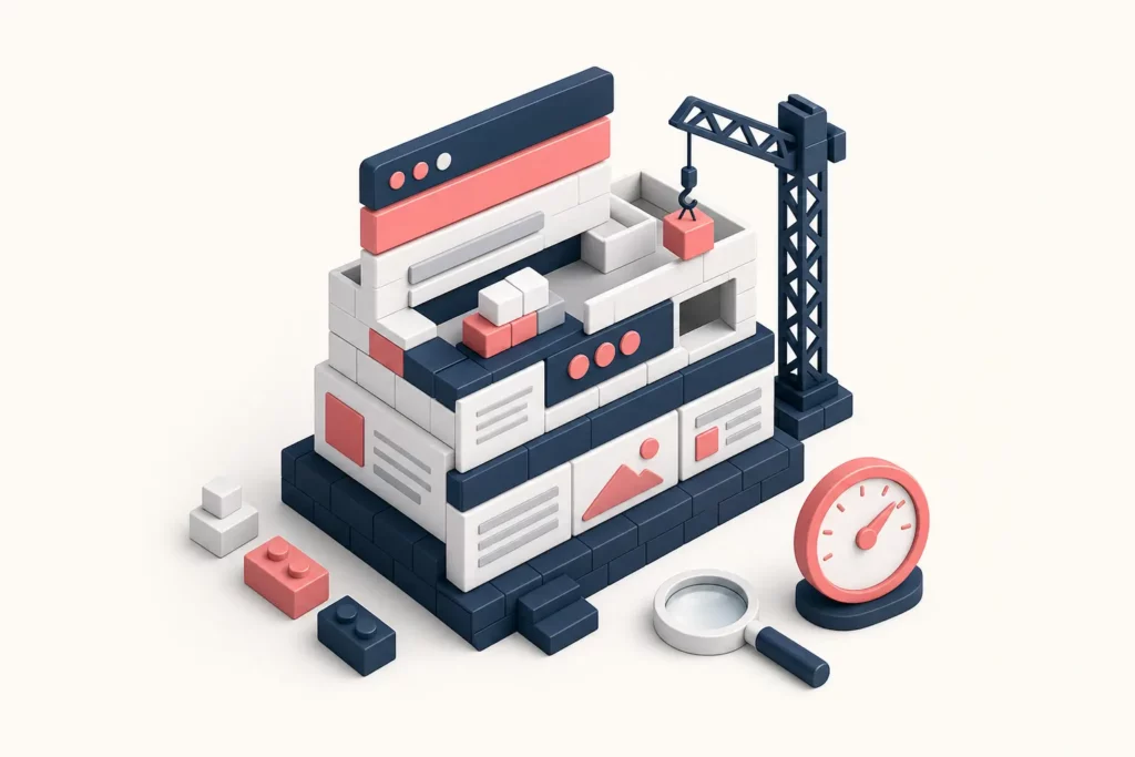 Illustration d’un site construit en briques sur des fondations solides, avec un compteur de vitesse et une loupe